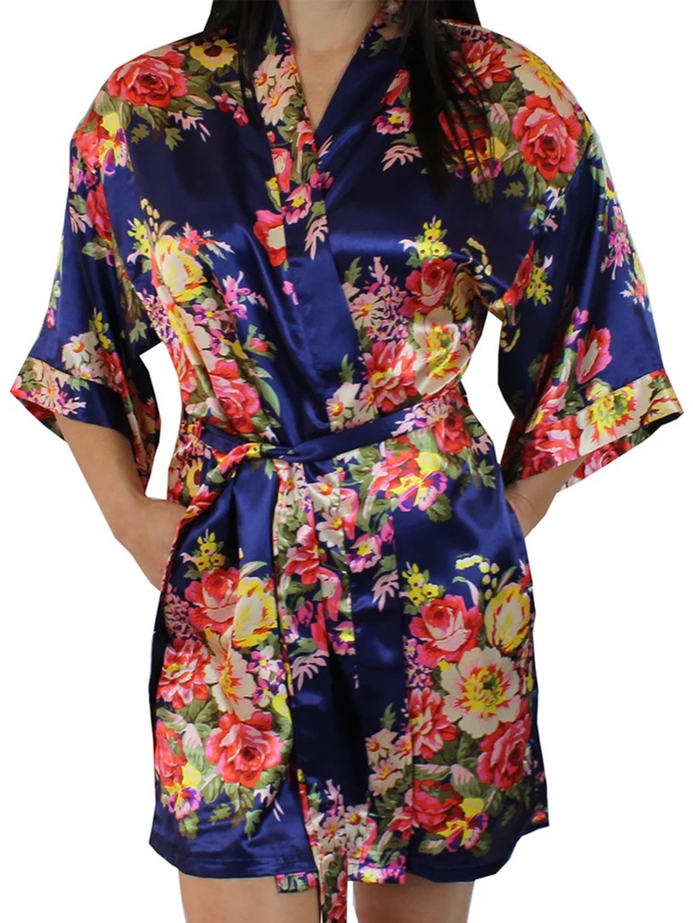 NWOT Ms. Lovely Floral Satin Kimono Robe Navy Blue Pink M/L Boho Cottagecore